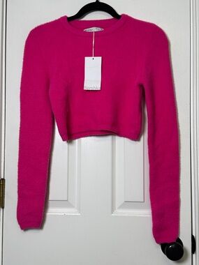 Bershka Hot Pink Fuzzy Cropped Sweater Soft Knit Y2K Barbiecore Top M NWT